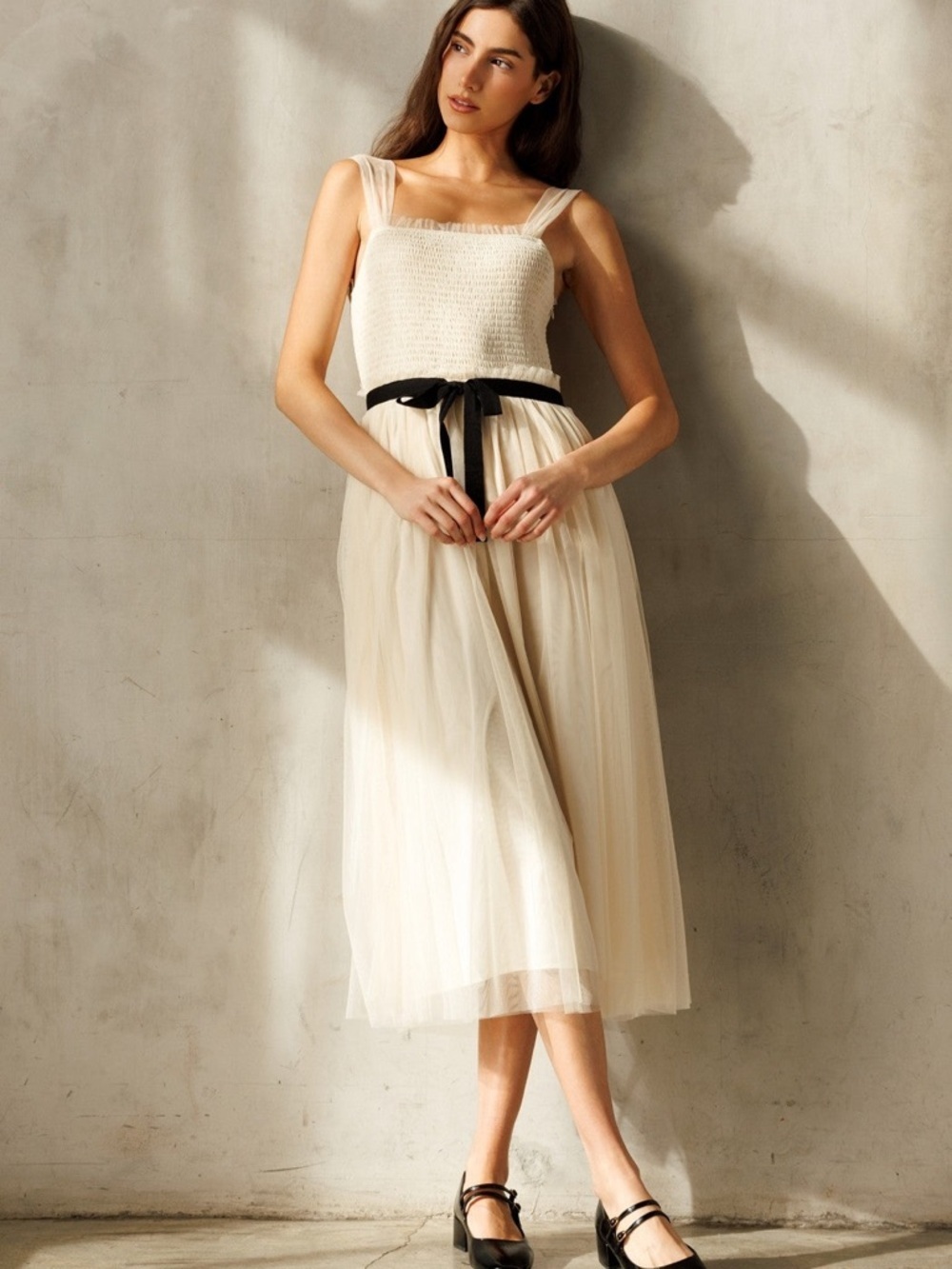Cream Smocked Contrast Sash Ruffle Tulle Midi Dress Size Medium NWT Boho Flowy